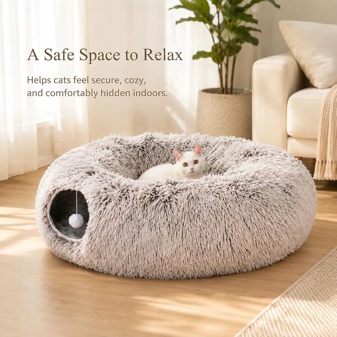 Warm Fluffy Plush Cat Tunnel Bed Under Christmas Tree Big Tube Playground Toys 3 FT Diameter Longer Crinkle Collapsible 3 Way, for Indoor Cat Kitty Kitten Puppy Rabbit Ferret Brown