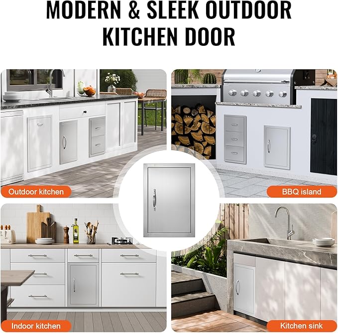 VEVOR Outdoor BBQ Kitchen Door - 14W x 20H Inch Stainless Steel Flush Mount Vertical Wall Door with Handle for Island, Grilling Station