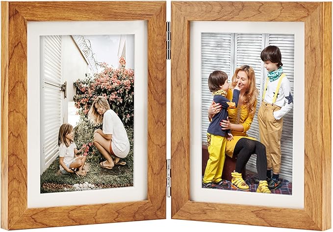 Double Hinged 5x7 Picture Frame with Tempered Glass-Tabletop or Wall Mounted, Display for 4x6 & 5x7 Photos (with/without Mat)-Rustic Brown, For Family Photos & Wedding Memories-Z57X2