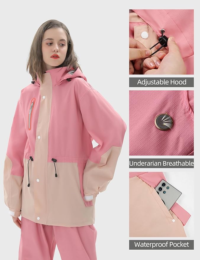 Rain Suit for Women Waterproof Hooded Rain Gear Rain Jacket and Pants 2 Piece Breathable Rain Coat Outdoor