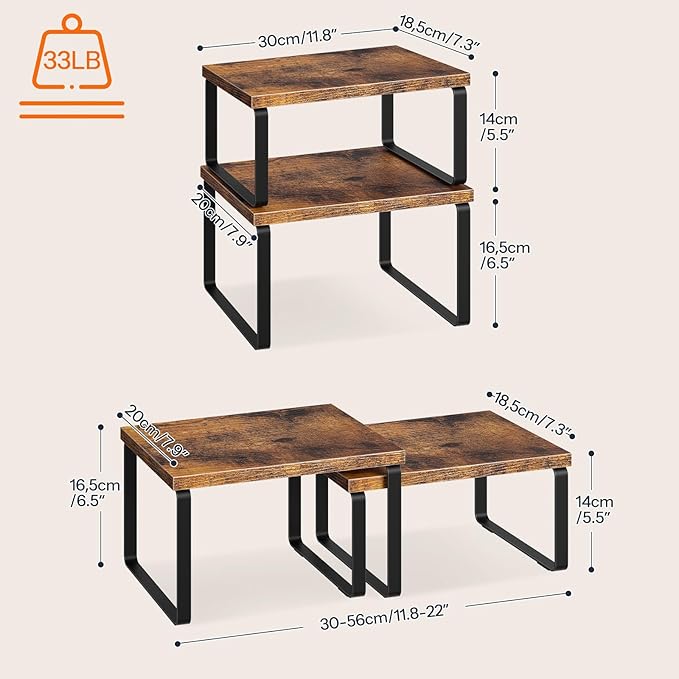 HOOBRO Spice Rack Set of 2, Kitchen Counter Organizer, Kitchen Storage, Cabinet Organizer Shelf, Nest, Stackable, Side-by-Side & L-Shape for Cabinet, Kitchen, Rustic Brown and Black BF33TL01