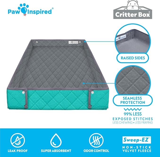 Paw Inspired Reversible Critter Box, C&C 2x3 (14-Inch Grids), Gray/Green | Washable Fleece Cage Liner, Raised Sides, Bedding for Guinea Pigs Rabbits, Hamsters, Small Animals, Edge Protected Pee Pads