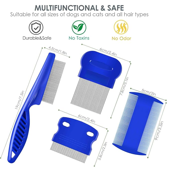 4 Pack Flea Lice Comb, Stainless Steel Dog Cat Grooming Combs with Rounded Teeth, Double Sided Professional Pet Tear Stain Remover, Dematting Tool for Small, Medium & Large Pets