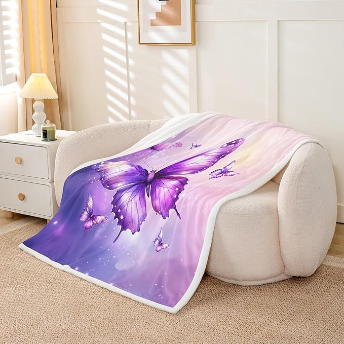 Feelyou Girls Purple Fleece Throw Blanket Queen 90"x90" Kids Watercolor Butterfly Sherpa Blanket Plush Fuzzy for Bed Couch Chair Living Room, Cute Dreamy Bed Blanket Room Decor