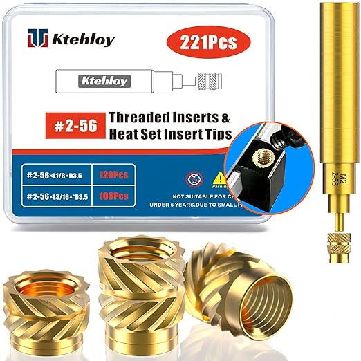 221Pcs #2-56 Threaded Inserts,Female Thread SAE Knurled Nuts Assortment Kit, Brass Heat Set Insert for Plastic and 3D Printing Components (#2-56 * 1/8 * 3.5, #2-56 * 3/16 * 3.5)