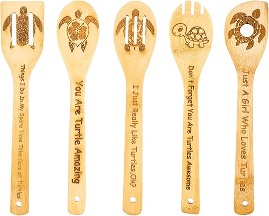 5PCS Turtle Wooden Cooking Spoons Sea Turtle Gifts Turtle Decor Turtle Gifts for Women Turtle Kitchen Decor Gifts for Turtle Lovers Housewarming Wedding Cooking Bamboo Cooking Spoons for Everyday Use
