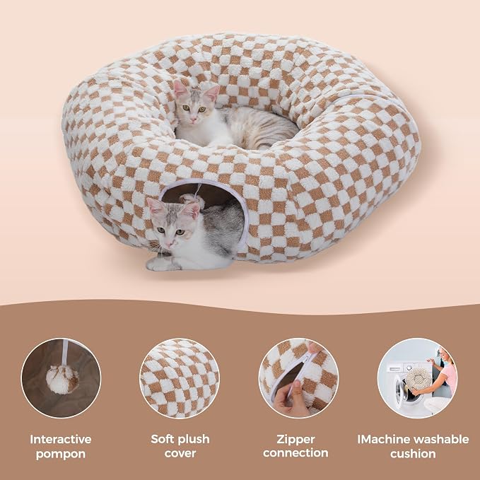 PEQULTI Brown Donut Cat Tunnel Bed Washable Plush Mat Multi for Small Pets | Round play tube with soft detachable plush mat, multi-pet toy fit indoor cats, kittens, puppies, rabbits and ferrets
