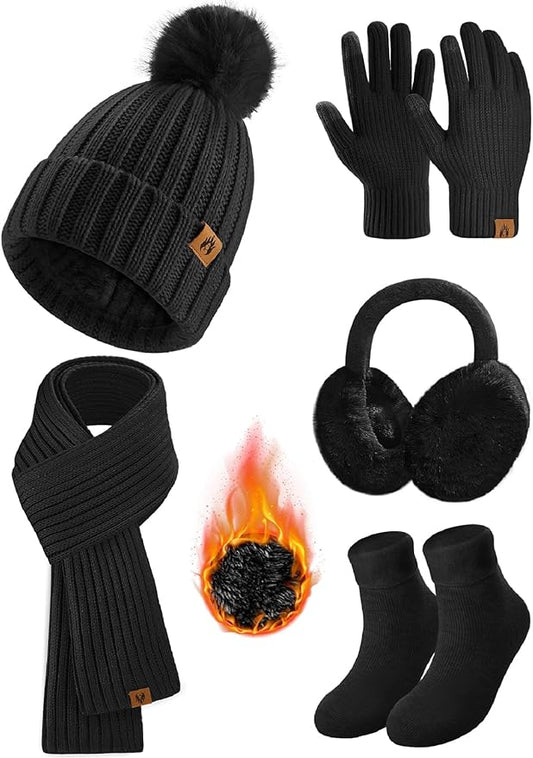 HEEKPEK Winter Beanie Hats Scarf Gloves Ear Muffs Fuzzy Socks 5pcs Set for Women Cold Weather Beanies Touch Screen Gloves