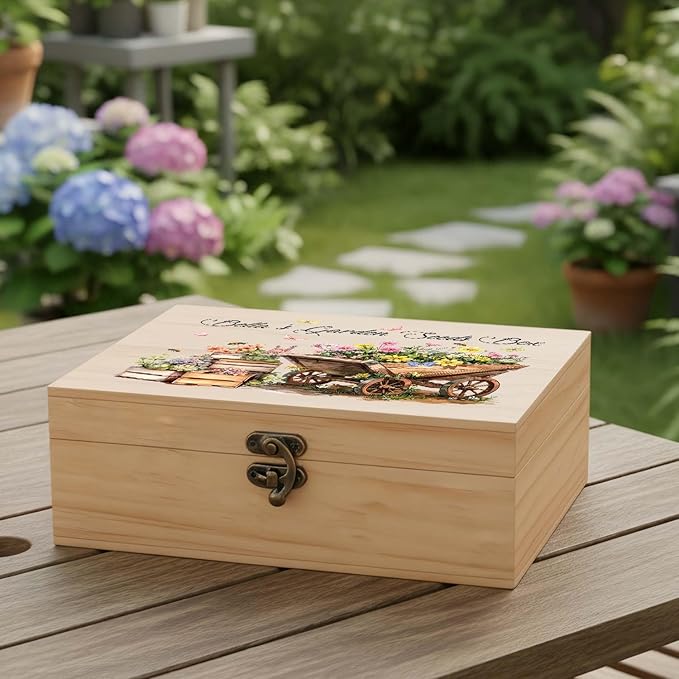 Personalized Wooden Box for Women, Pine Keepsake Garden Wood Box with Lids, Memory Storage Wooden Boxes for Mom Wife Gardener, Birthday Housewarming Christmas Gifts