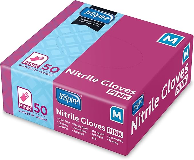 Inspire Pink Gloves Disposable Latex Free | Nitrile Pink Glove Hair and Nail Salon, Esthetician Nitrile Disposable Gloves