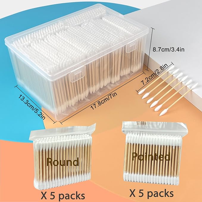 1000-Pack Bamboo Cotton Swabs Bulk (5x100 Round + 5x100 Pointed Tips) - Biodegradable Double Ended Swabs for Gun Cleaning, Pet Ear Care, Makeup & Electronics - Hypoallergenic & Lint-Free