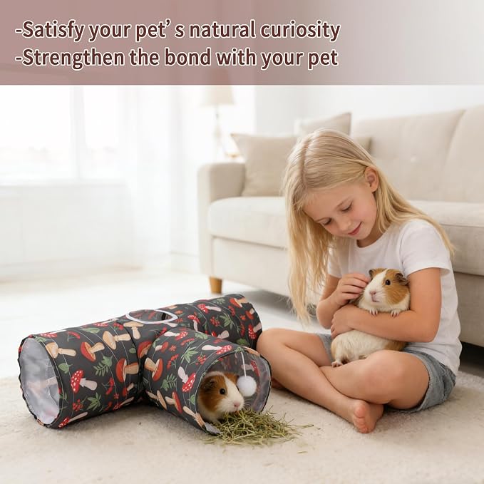 Rypet Guinea Pig Tunnel Hideout 3-Way Collapsible Small Pet Tubes, Mashroom | 3 Way Design for Exploration, Collapsible for Easy Storage, Built-in Play Ball, Hiding & Resting for Hamsters Ferrets