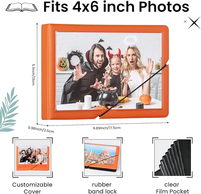 Lifting Small Photo Album 4x6 Holds 40 Photos with Customizable Cover，Mini Leather Picture Album Book for Wedding，Family，Baby Memories (Orange)