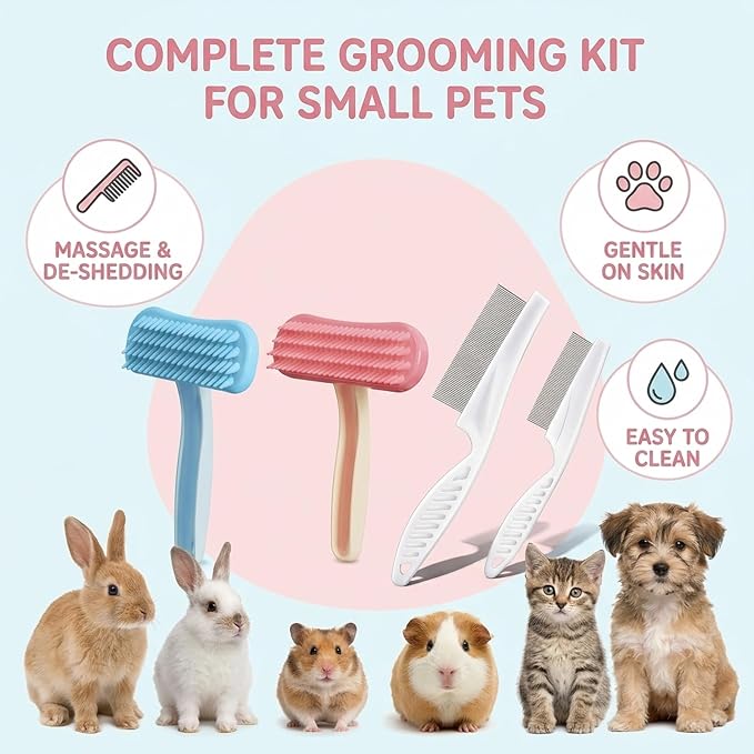 4pcs Bunny Brush Set, Rabbit Brush, Professional Bunny Grooming Tools for Rabbit Care, Pet Hair Maintenance for Shedding Season & Bath Time, in Pink, Blue and White Color