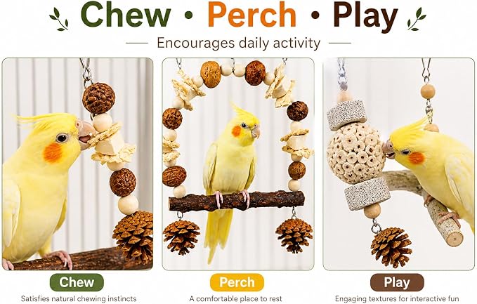 2 Pack Natural Bird Toys Set - Prickly Ash Wood Arch Swing with Walnuts & Cuttlebone - Sola Ball Shreddable Toy with Beak Grinding Pumice Stone, Cage Accessories for Cockatiel, Conure, Parakeets