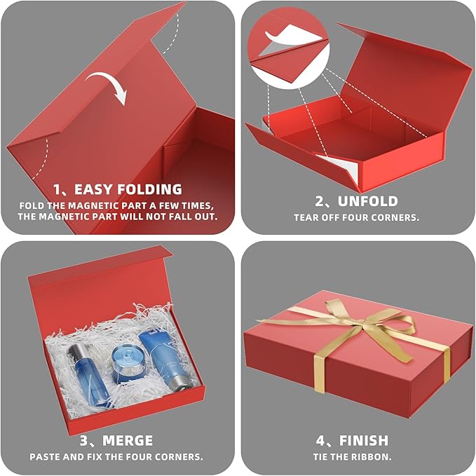 5 Pack Gift Boxes with Lids, 11 x 8.2 x 2.3 Inches Packing Box for Presents Ribbon Magnetic Closure, Luxury Wrapping Gift Boxes for Weddings, Birthdays, Chrismas, Halloween, Red