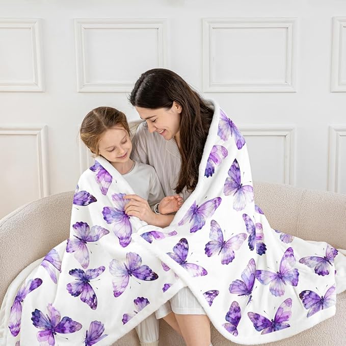 Feelyou Girls Purple Butterfly Fleece Throw Blanket Baby 30"x40" Kids Watercolor Sherpa Blanket Plush Fuzzy for Bed Couch Chair Living Room, Chic Gorgeous Bed Blanket Room Decor