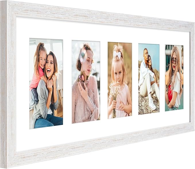 8x24 Collage frame with 5 Openings 4X6 Pictures, Multiple Picture Frame with Mat, Wall or Tabletop Decor, White Wood Grain,2 Pack