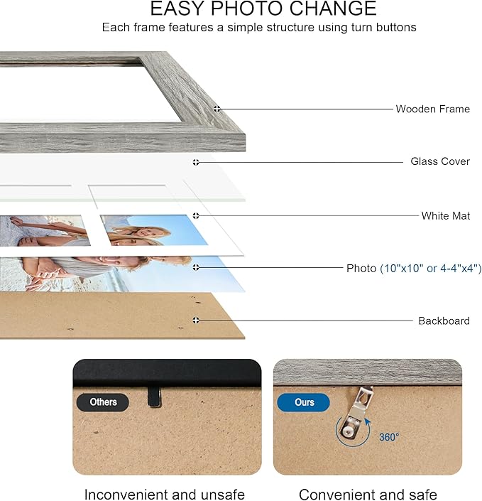 10x10 Picture Frame Set of 2, Real Glass and Grey Collage Frame, Display Pictures Four Opening 4x4 With Mat or 10 x 10 Without Mat for Wall Hanging or Tabletop