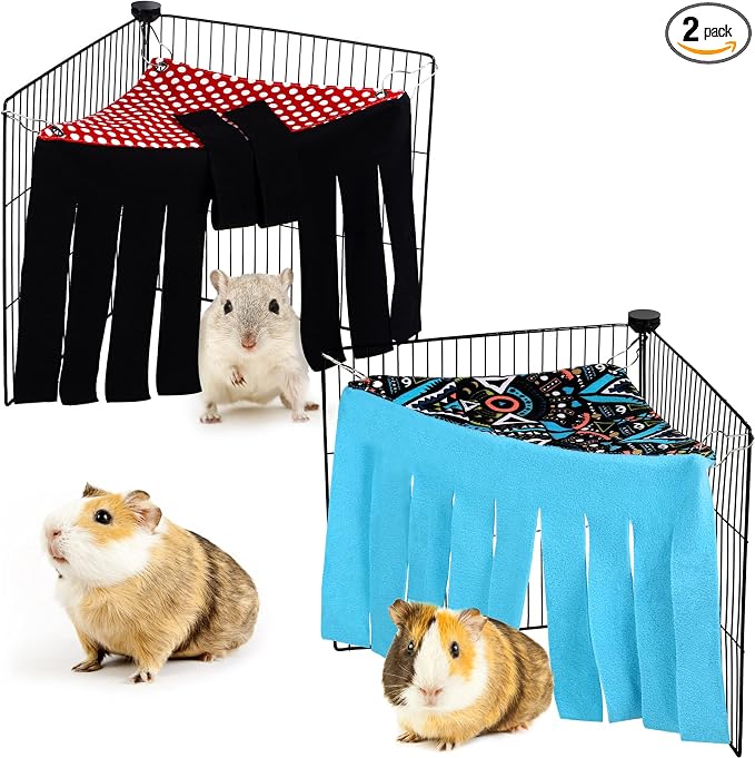 Shappy 2 Pcs Guinea Pig Hideout Hideaway Cage Hammock, Dots Pattern | Corner Hideout Hammock, Soft Fleece for Ferrets Chinchillas Hedgehogs, Cozy Hide with Fringe Curtain Design