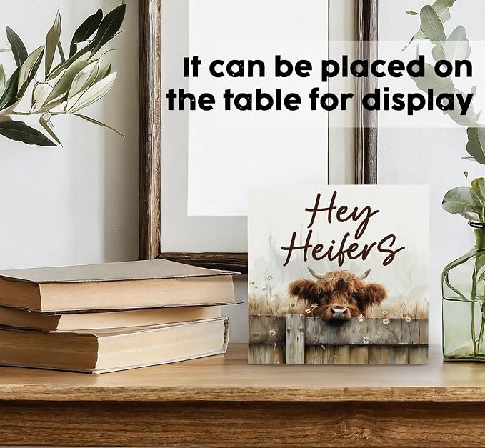 Highland Cow Sign - Farmhouse Western Animal Office Kitchen Bedroom Decor,Rustic Farm Hey Heifers Home Decor Signs,highland Cow Gifts For Women,6x6 Inch