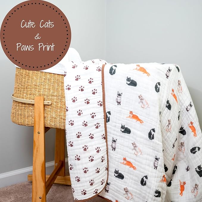 LollyBanks Muslin Baby Blanket 100% Organic Cotton, Muslin Quilt Lightweight, 6 Layers Baby Blankets 47"x 47", Toddler Blanket for Boy and Girl, Nursery Receiving Blankets (Cats Print)