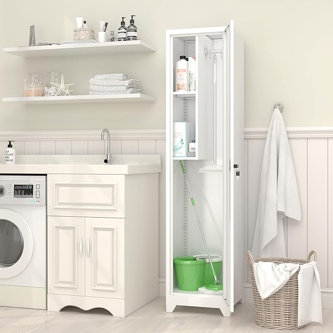 GREATMEET Broom Closet Storage Cabinet, Metal Utility Cabinet, Tall Laundry Room Cabinet, Slim Storage Cabinets for Laundry, Living Room, Office, White