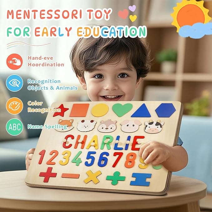 Name Puzzle for Kids Personalized, First Birthday for Baby Boy Girl, Wooden Number Puzzles for Toddlers 1-3, Educational Toys for 1 Year Old