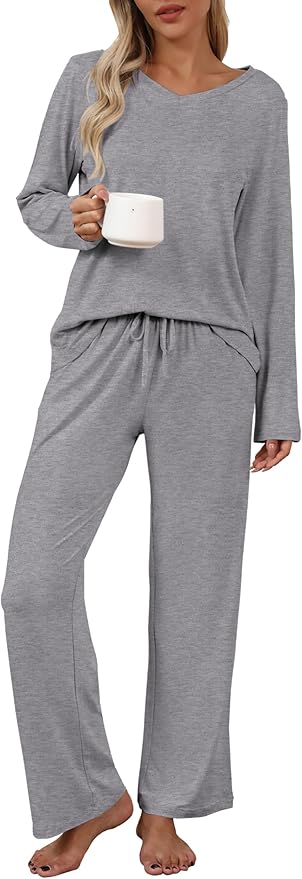 Ekouaer Womens 2 Pack Pajama Set Long Sleeve Pajamas Top and Pants V Neck Pjs Set Soft Loungewear with Pockets