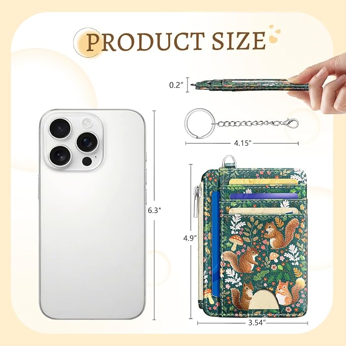Kelvoris Credit Card Holder Small Wallet Women, Slim RFID, Cute Squirrels | Keychain, Zipper Coin Pocket, Front Pocket Thin Travel Card Case, Minimalist, 6 Card Slots, 1 ID Window, Ladies Gifts Woman