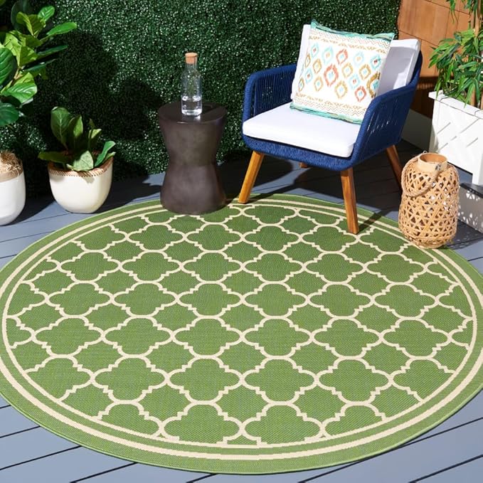 SAFAVIEH Washable Rug Outdoor Courtyard Collection - 7'10" Round, Green & Beige, Non-Shedding & Easy Cleaning, Ideal for Patio, Backyard, Mudroom (CY6918-244)