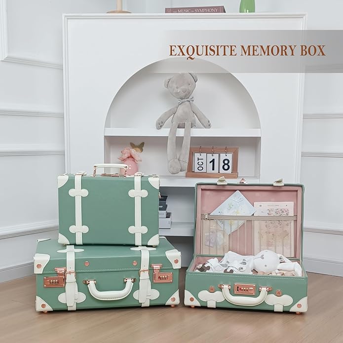 Unitravel Baby Keepsake Case, Handmade Memory Storage Box, Newborn Keepsake Box, Vintage Suitcase for Baby Shower, Baptism, Naming Ceremony or Birthday