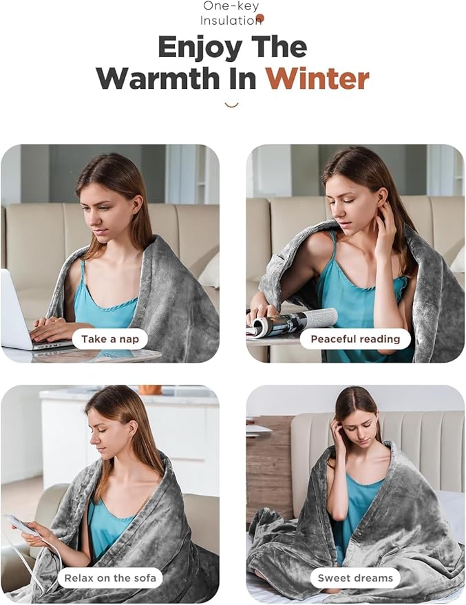 Heated Throw Blanket with 1-9 hrs Timer Auto-Off & 8 Heating Levels，Flannel Electric Blanket Throw ETL Certification，Machine Washable Full Body Warming Blankets