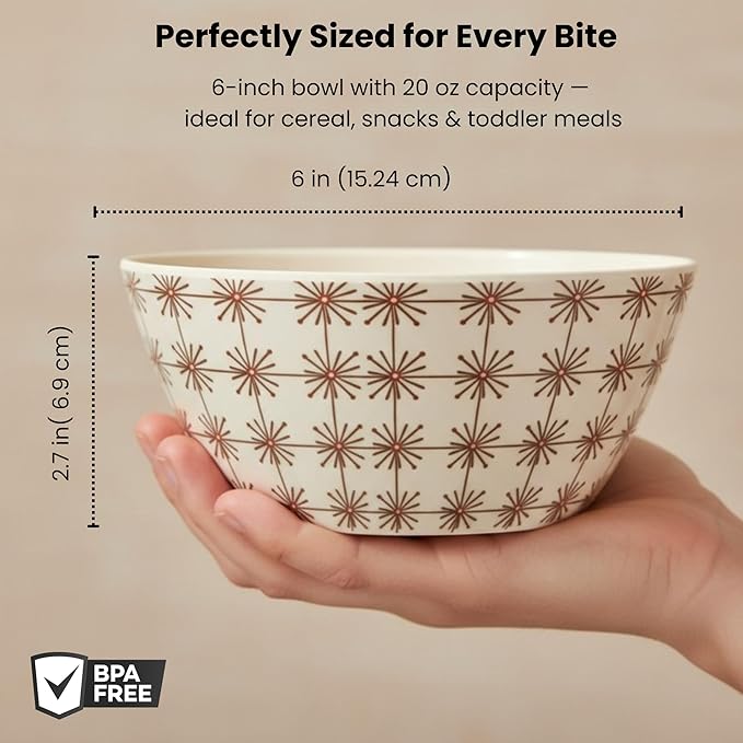 Bamboo Bowl Set of 4 – 6 Inch 20 oz Durable Deep Cereal and Snack Dishware for Kids and Toddlers – BPA Free, Dishwasher Safe, Lightweight Alternative to Plastic or Ceramic (Sparkle Design)