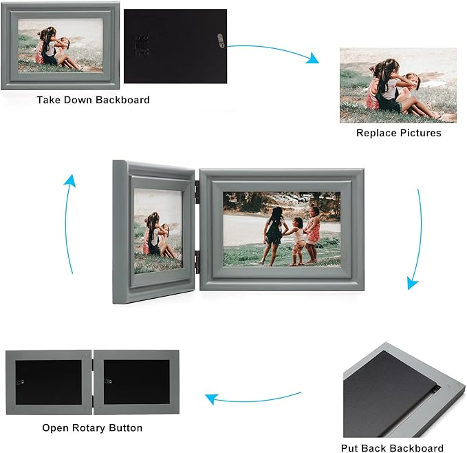 Vertical & Horizontal 5X7 Picture Frames Double Hinged Wood Folding Photo Frames with Real Glass Front Fit for Desktop or Tabletop Display Pictures 4x6 with Mat or 5x7 Without Mat, Gray