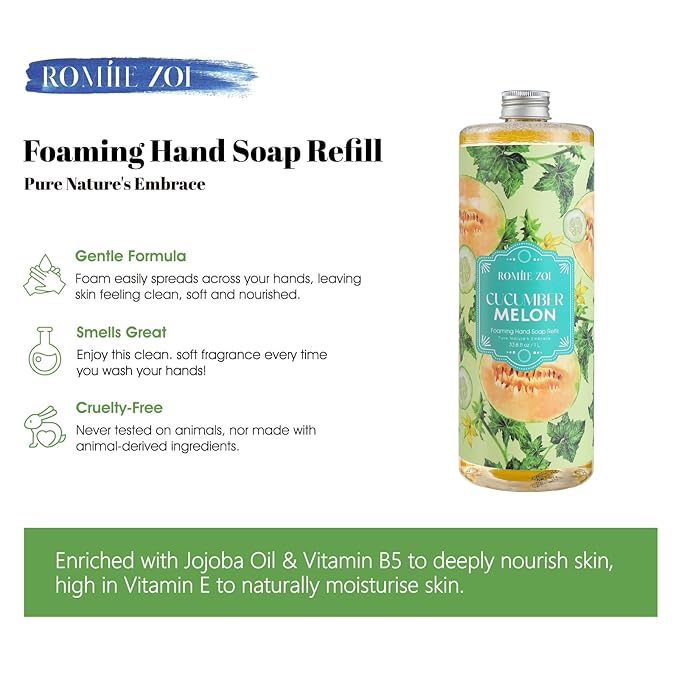 ROMIIE ZOI Foaming Hand Soap Refill, Cucumber&melon, Gentle & Moisturizing Formula, 1000 ML/ 33.8 FL OZ