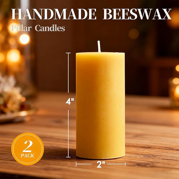 Beeswax Pillar Candles Set of 2,70 Hours Long Burning,100% Natural Beeswax Candles for Emergency,Pure Bees Wax for Home, Beeswax Candles Bulk for Relax, Smokeless & Dripless