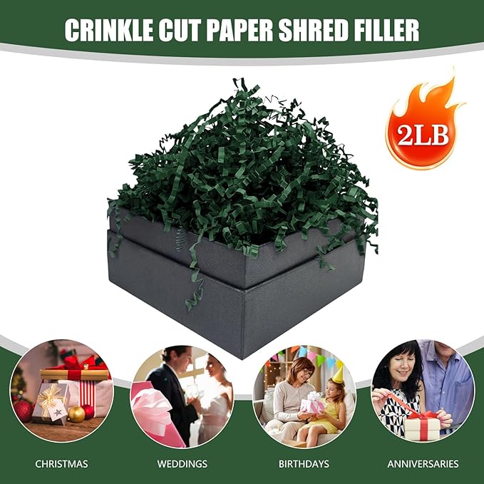 Tisspoms Crinkle Cut Paper Shred Filler, 2 LB Basket Filler Shredded Paper, Confetti Stuffing for Basket Filling, Halloween, Christmas, Birthdays, Gift Wrapping, Stuffer Party Supplies(Dark Green)
