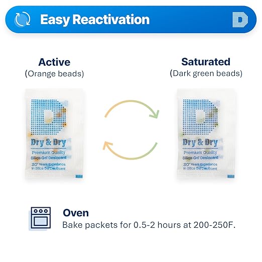 Dry & Dry Orange Indicating Silica Gel Packets Desiccants - Food Safe Silica Packs, Silica Gel Packets, Desiccant Packs for Food Storage - 200 Packets (2 Gram)