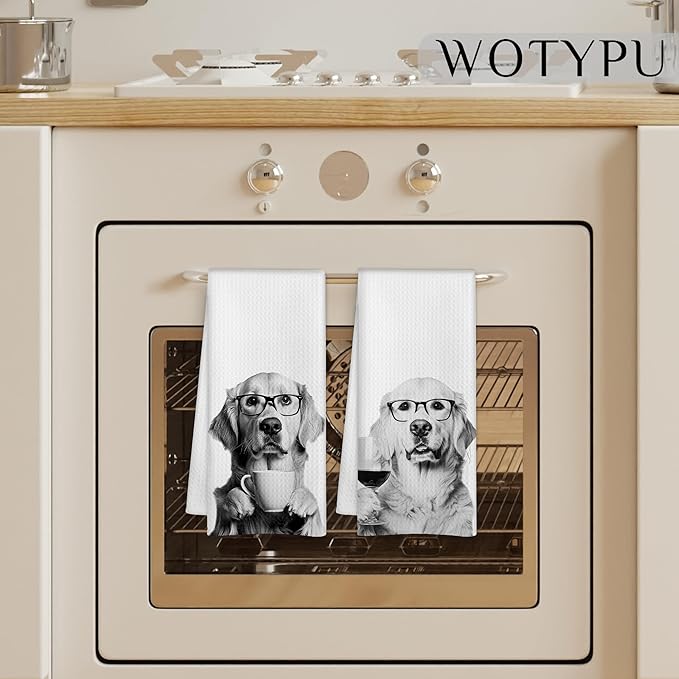 Funny Golden Retriever Kitchen Bar Towels, Golden Retriever Gifts for Women Men, Wine Coffee Lover Gifts Decorative Hand Towels for Kitchen Bar Cart Decor, 16x24 Inch Set of 2