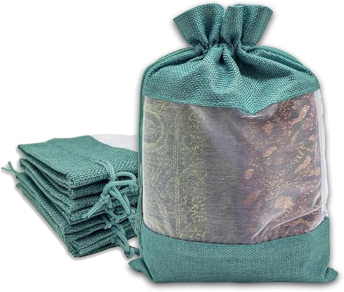 48-Pack X-Large Linen Burlap & Organza Gift Bags w. Drawstrings (7.5x11.5 in, Teal) - Party Favors, Presents, Samples & Treats Mesh Pouch by The Display Guys
