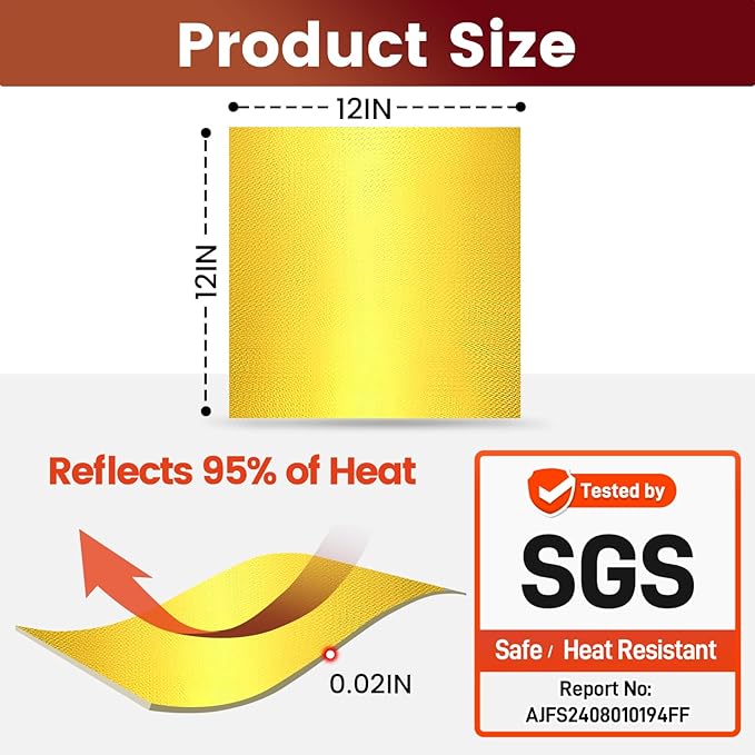 Heat Shield Automotive Aluminum Reflects 95% of Radiant Heat, 12" x 12" Stove Heat Shield Wrap to Protect Refrigerator, Exhaust, Motorcycle, Wood Stove, Cabinet, Fireplace (Gold)
