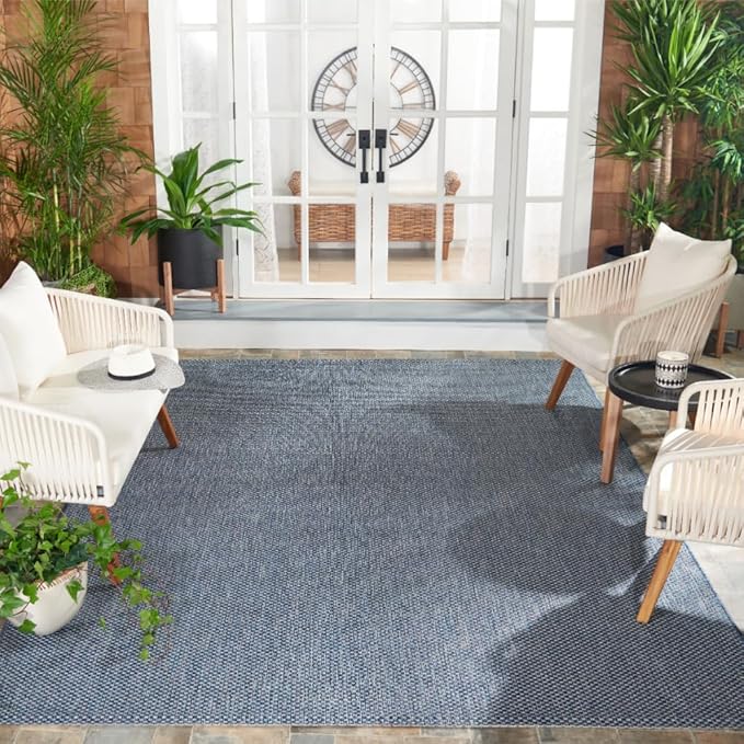 SAFAVIEH Washable Rug Outdoor Courtyard Collection - 10' x 14', Navy & Grey, Non-Shedding & Easy Cleaning, Ideal for Patio, Backyard, Mudroom (CY8521-36821)