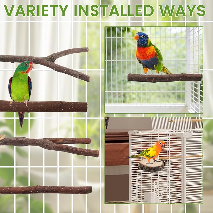 9 Pcs Apple Wood Bird Perch, Platform & Rope Set for Cage | Natural cotton material for foot comfort; natural apple wood for safe chewing; easy tool-free wing-nut setup.