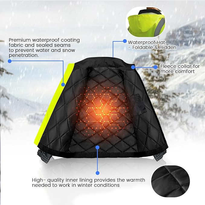 Hi Vis Rain Jackets, Reflective Safety Jacket with Pockets for Men& Women, Construction Coats for Cold Weather, Waterproof Rain Gear, Class 3, Yellow-Black, 4XL