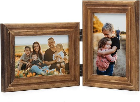 Horizontal & Verticall 4X6 Picture Frames Double Hinged Wood Folding Photo Frames with Real Glass Front Fit for Desktop or Tabletop, Wood Grain XZON-H64-V46