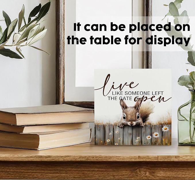Squirrel Sign - Squirrel Gifts For Women, Live Like Someone Left The Gate Open Wooden Box Signs, Farmhouse Wood Decoration Home Decor For Desk Table Shelf 8x8 Inch Decorative Signs & Plaques