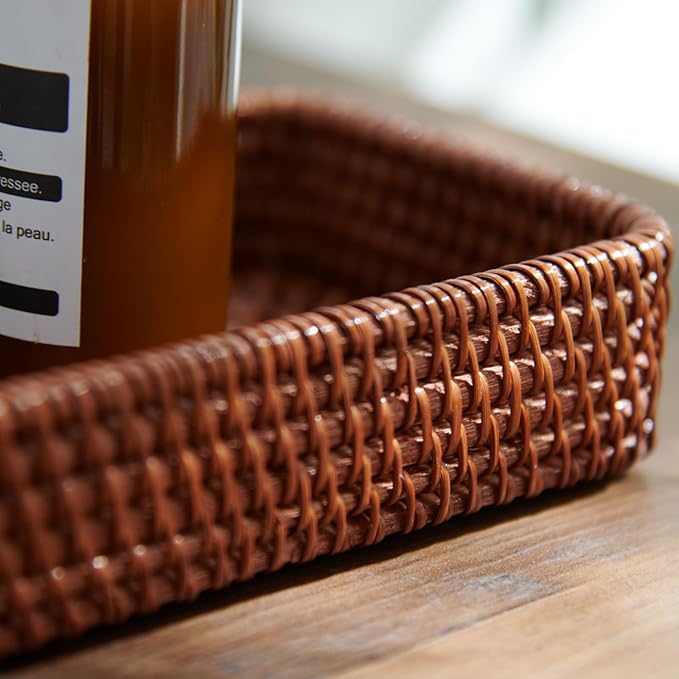 Rattan Serving Tray, Rectangular Woven Tray, Natural Wicker Decorative Serving Baskets for Organizing Tabletop Bathroom Kitchen Counter (Dark Brown)