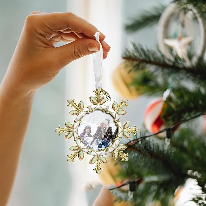 2025 Christmas Tree Ornament Snowflake Picture Frame Metal Hanging Pendant Holiday 2" Photo Frame Charm Decorative of Pets, Baby First Christmas, Family (Golden)