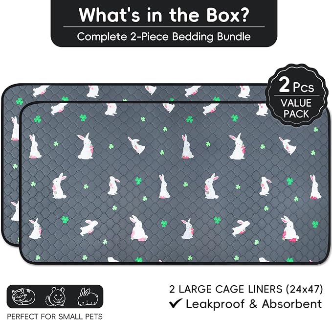 2 Pack Guinea Pig Cage Liners, Washable Guinea Pig Pee Pads Waterproof Reusable & Anti Slip Guinea Pig Bedding Fast and Super Absorbent Pee Pad Tarp Bottom for Small Animals (Rabbit Pattern 24" X 47")